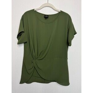 Worthington XS Twist Front Blouse Green Short Sleeve Asymmetrical Hem Round Neck
